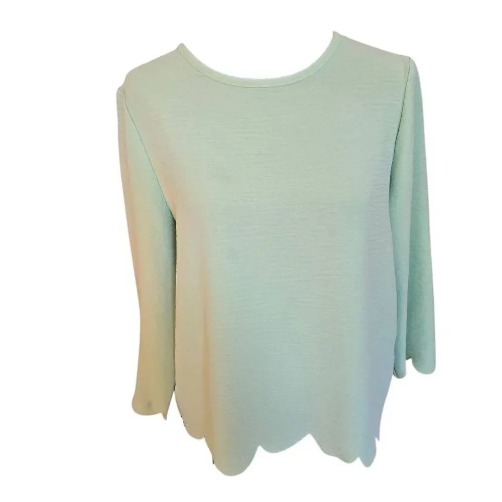 Versona Womens Mint Green Scalloped Hem Long Sleeve Top Small
